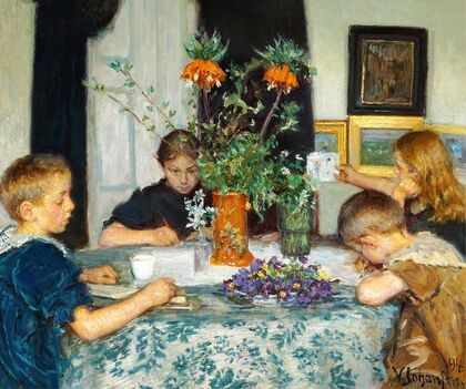 Børn, der male Foraarsblomster