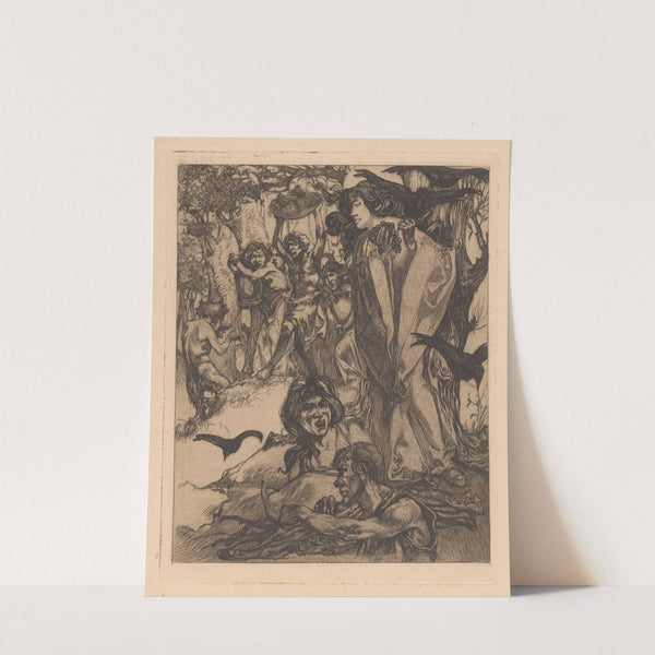 Bosachtig landschap met mensen, kraaien en sater (1881-1934) by Johannes Josephus Aarts