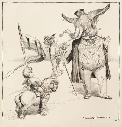 Both the wealthy Republican Party elephant and poor Democratic Party donkey have been struck by several arrows from a cherub (1901) — size preview