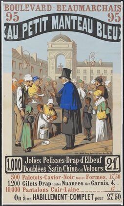 Boulevard Beaumarchais 95, Au Petit Manteau bleu. 1000 jolies pelisses drap d’Elbeuf. à 21 F (1850)