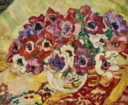 Bouquet d’anÃ©mones au vase Ã  l’oiseau sur fond jaune