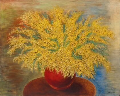 Bouquet de mimosas au pot rouge