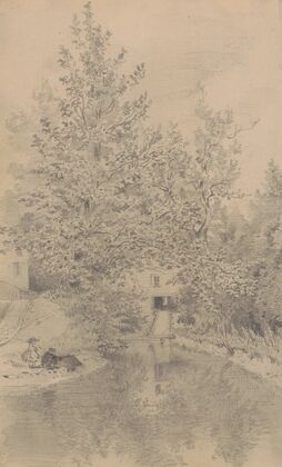Boy fishing beside a stream while a girl watches over his shoulder (1840-1860)