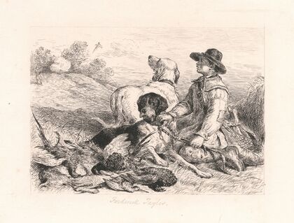 Boy holding 2 gun-dogs and game