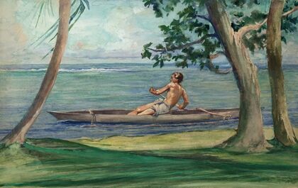 Boy in Canoe Passing in Front of Our House, Vaiala, Samoa 