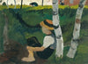Boy on the way under birch trees