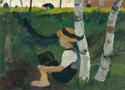 Boy on the way under birch trees