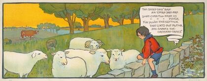 Boy sitting on a stone wall looking at sheep