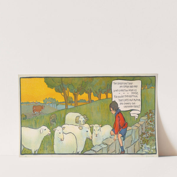 Boy sitting on a stone wall looking at sheep (1911) by Florence Harrison