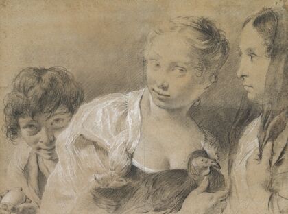 Boy with an Egg, Girl with a Hen, and a Watching Woman
