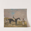 &#039;Bravura&#039;, an iron-grey filly, with James Robinson up, with her owner Sir Robert Keith Dick, Bt., her trainer mounted on a grey pony to the left, on Newmarket Heath by Benjamin Marshall