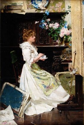 Break of the painter in her studio