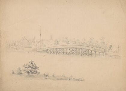 Bridge with wooden truss with houses and a mill on the far side of the water, perhaps related to Ipswich, Massachusetts