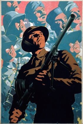 British soldier with bren gun, allied servicemen in background
