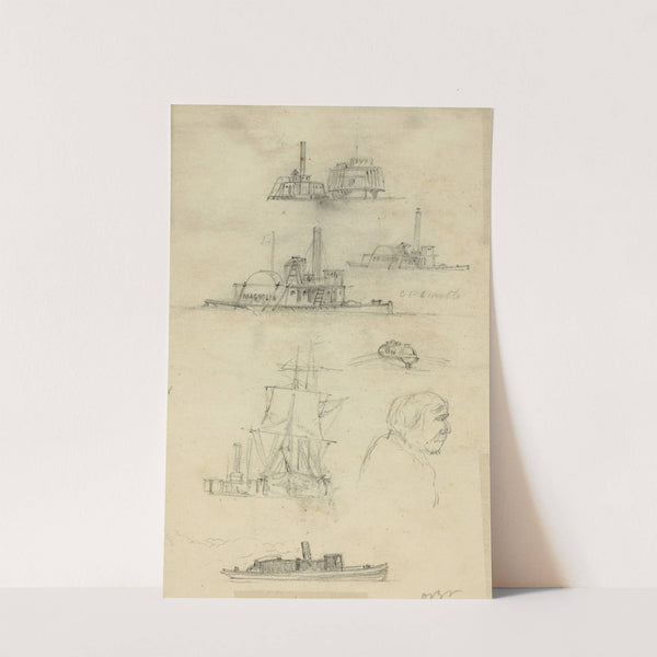 Broadside and bow views of eight ships and boats, and an unidentified profile bust portrait by Alfred Rudolph Waud