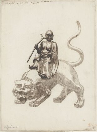 Bronze statue of a Japanese deity (Sennin) on a lion (1883)