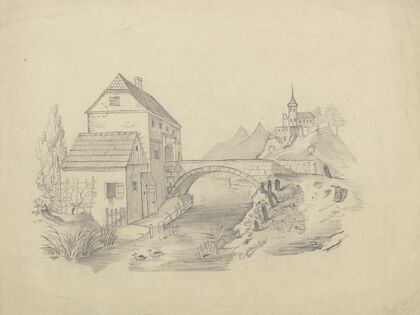 Brückenhaus vor bergiger Landschaft