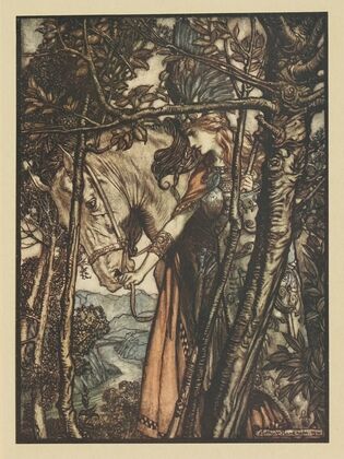 Brunnhilde slowly and silently leads her horse down the path to the cave