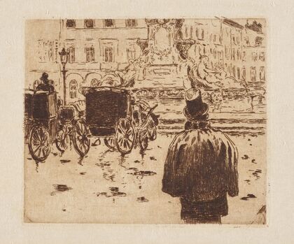Brussels stadsplein met koetsen en personages (1893)