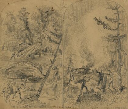 Building military bridges. Making charcoal for the army force