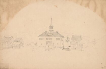 Building with a cupola, perhaps residential, besides log buildings, perhaps quarters for enslaved workers