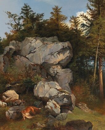 Burde Fuchs mit Beute in felsiger Landschaft