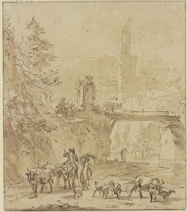 Burgruine, über dem Wasser ein Steg im Vordergrund, Hirte zu Esel und Hirten zu Fuß mit Vieh