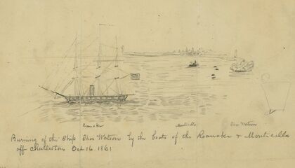 Burning of the Ship Thos. Watson by the boats of the Roanoke & Monticello off Charleston Oct. 16, 1861