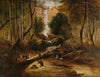 Bush landscape with waterfall and an aborigine stalking native animals, New South Wales