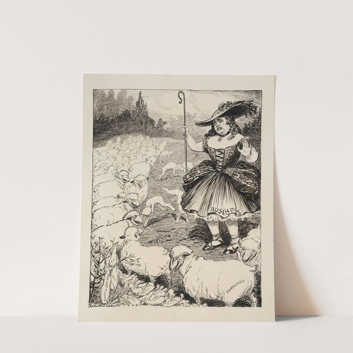 Business, depicted as a worried shepherdess (1921) by William Henry Walker