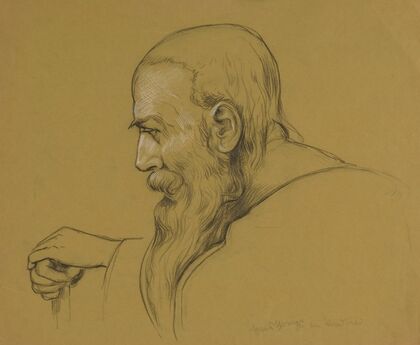 Bust of a Long-Bearded Old Man Leaning on a Stick with His Two Hands (1908)