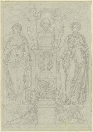 Büste Shakespeares, flankiert von Thalia und Melpomene