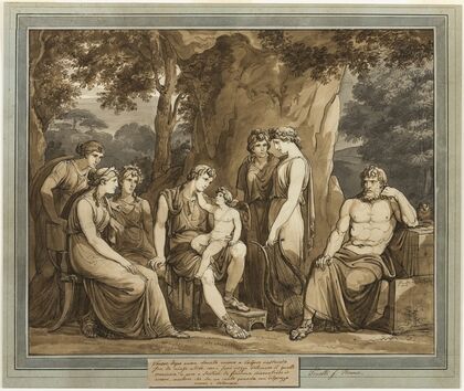 Calypso Watches Telemachus with Cupid on His Knee, While Mentor Watches in Anger, from The Adventures of Telemachus, Book 7 (1808)