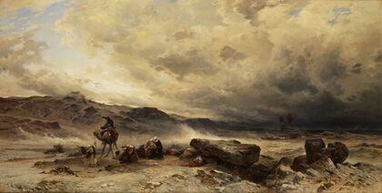 Camel train in a sandstorm