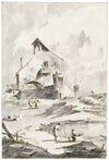 Capricci of houses with figures by water