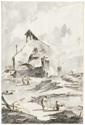 Capricci of houses with figures by water
