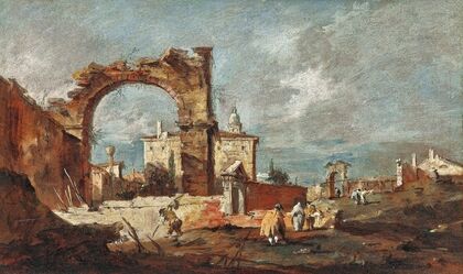 Capriccio with a ruinous arch and a villa in the background