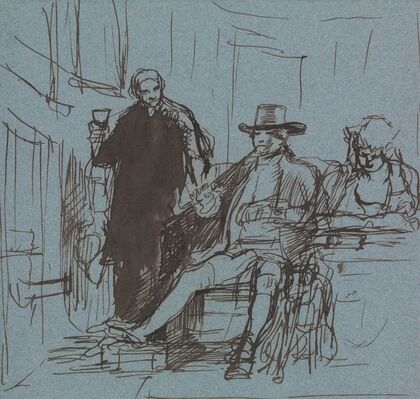 Captain Locker Seated at a Table with His Daughter; a Butler Standing Beside Him