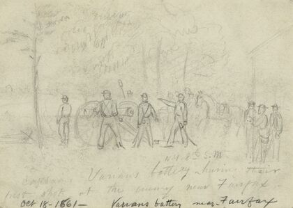 Captain Varians battery N.Y. 8th S.M. having their first shot at the enemy near Fairfax