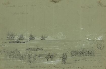 Capture of the Forts at Cape Hatteras inlet-First day, fleet opening fire and troops landing in the surf