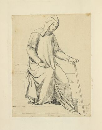 Capuchin monk in long tunic and hood holding a cane, 1300