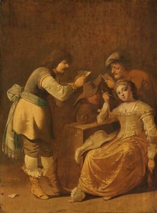 Card players with woman smoking a pipe
