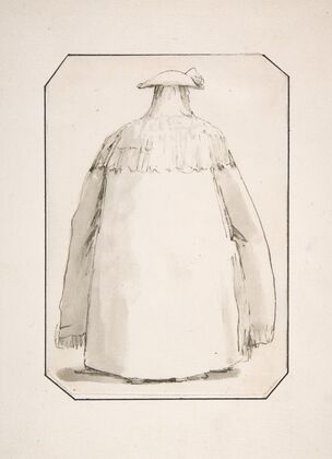 Caricature of a Fat Person Wearing a Long Cloak and a Tricorne, Seen from Behind