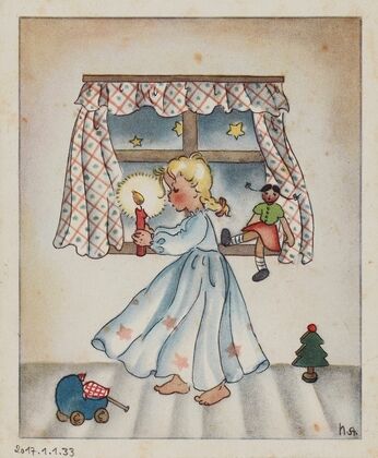 Carte illustrée adressée à une enfant – nommée Karin – par sa mère (1944)