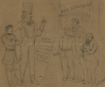 Cartoon showing Uncle Sam and General McClellan standing before a playbill
