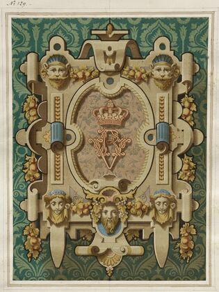 Cartouche néo-renaissance à cuirs et mascarons, monogramme VR surmonté d’une couronne royale