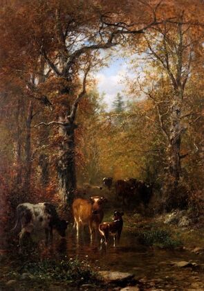 Cattle by a Stream in a Wooded Landscape (1885)