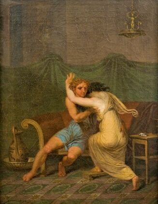 Catullus and Lesbia, who in his arms seeking solace for her spurvs death (1809)