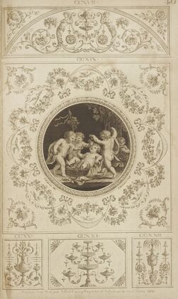 Central design of four cherubs eating grapes.