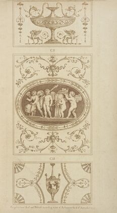 Central design of four cherubs with basket of apples, shrouds, and torch.